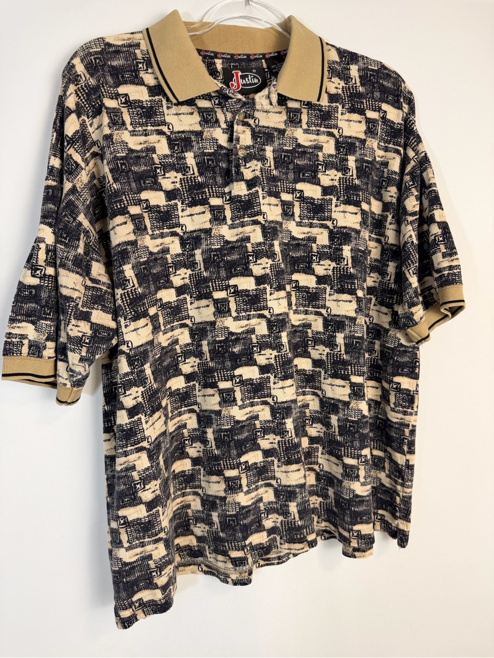 Vintage Justin Boots Patterned Short-Sleeve Polo Shirt in Beige and Black